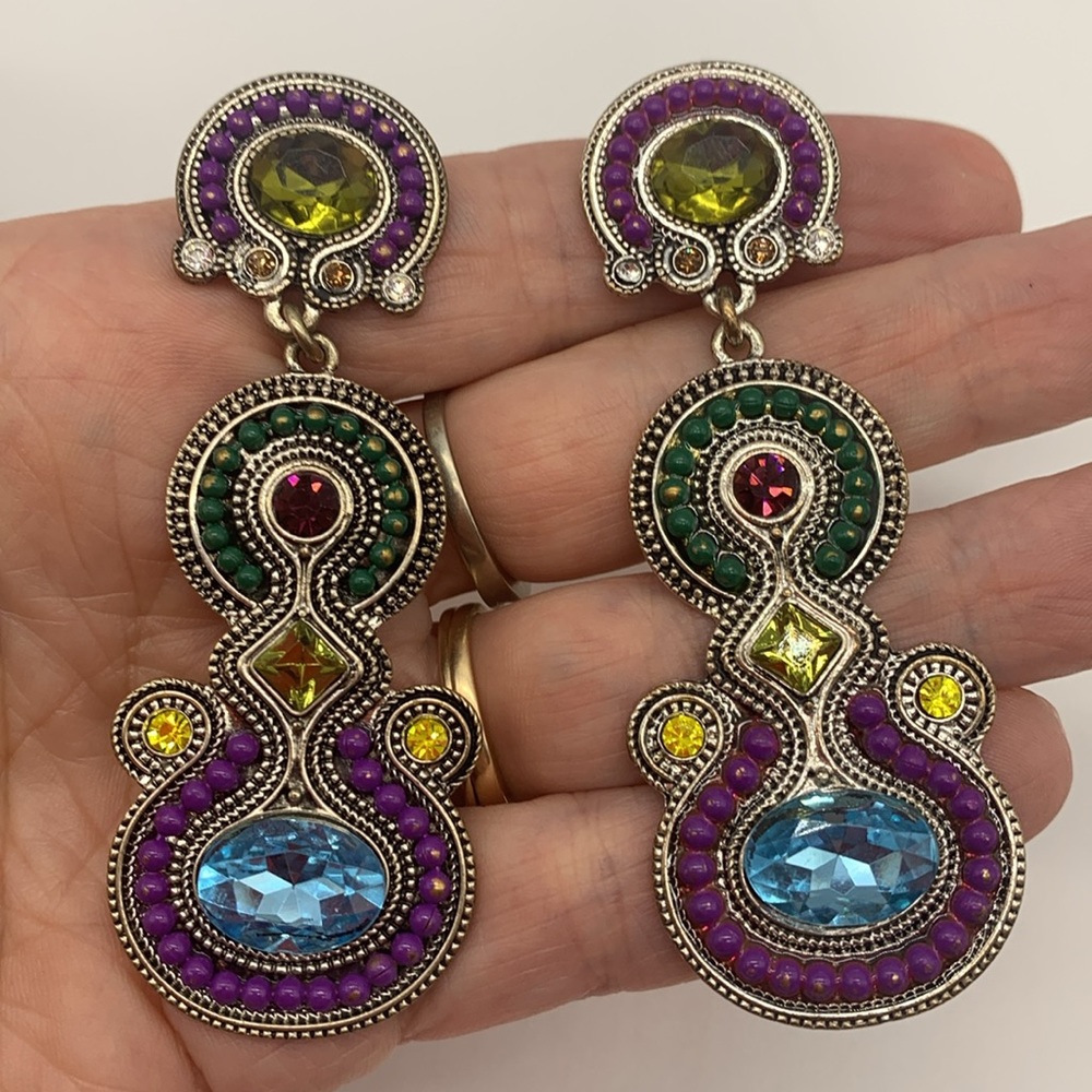 Colorful Enameled Dangle Silver Tone Statement Earrings with Rhinestones